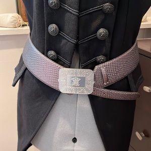 Lauren Ralph Lauren leather dress belt, in silver snakeskin embossed leather.